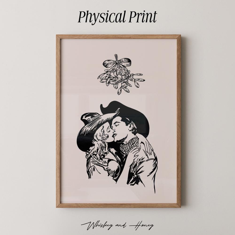 Cowboy Christmas Mistletoe Kiss Art Print