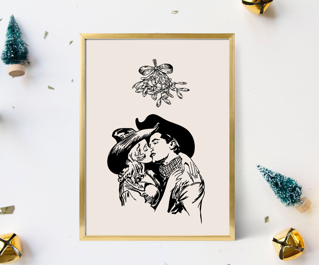 Cowboy Christmas Mistletoe Kiss Art Print