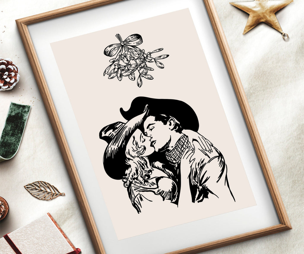 Cowboy Christmas Mistletoe Kiss Art Print