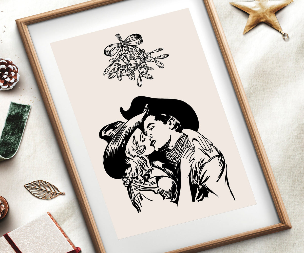 Cowboy Christmas Mistletoe Kiss Art Print