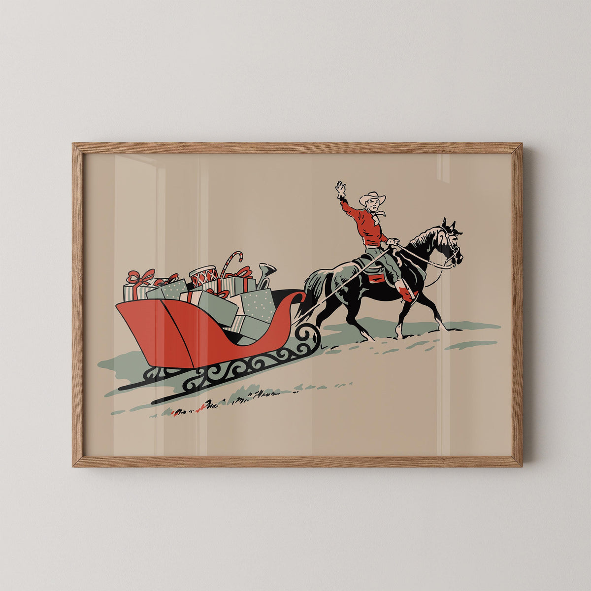 Vintage Christmas Cowboy Sleigh Print