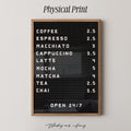 Black Coffee Bar Menu Print