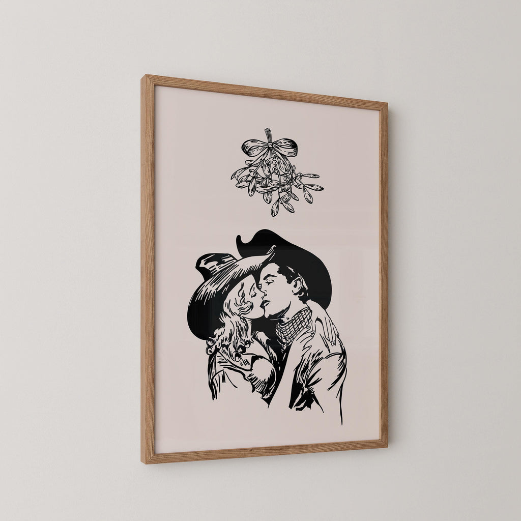 Cowboy Christmas Mistletoe Kiss Art Print