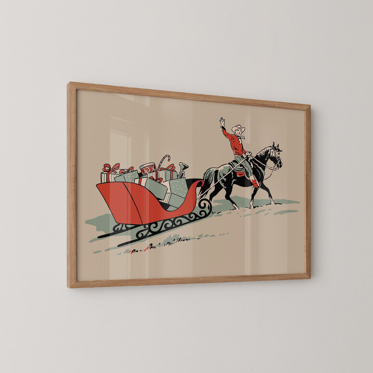 Vintage Christmas Cowboy Sleigh Print