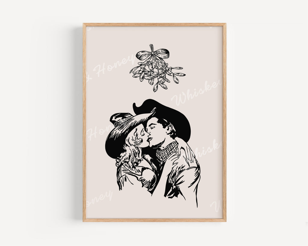 Cowboy Christmas Mistletoe Kiss Art Print