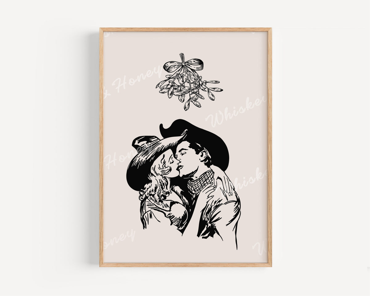 Cowboy Christmas Mistletoe Kiss Art Print