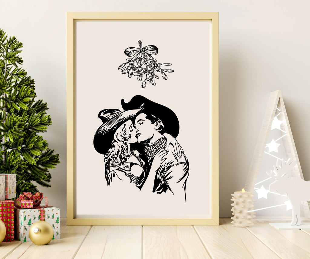 Cowboy Christmas Mistletoe Kiss Art Print