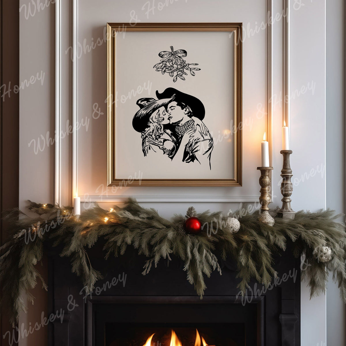 Cowboy Christmas Mistletoe Kiss Art Print